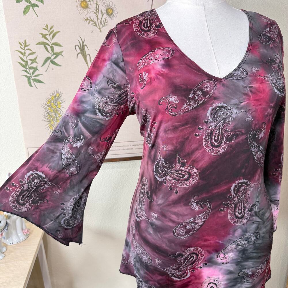 90s Y2k Paisley Glitter Flare Sleeve Top Dark Fairy Whimsigoth Witchy Vampire XL - Picture 3 of 9